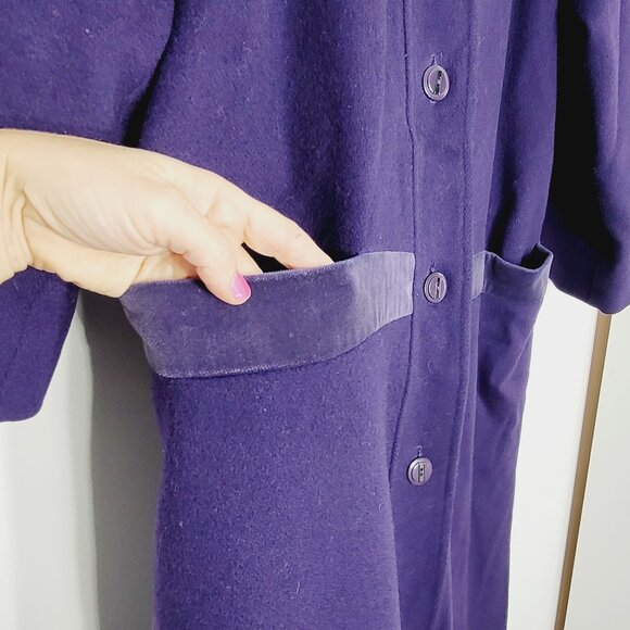 Vintage Pure Virgin Wool Coquette Purple Button Coat Pockets Retro Long Jacket - Picture 5 of 15